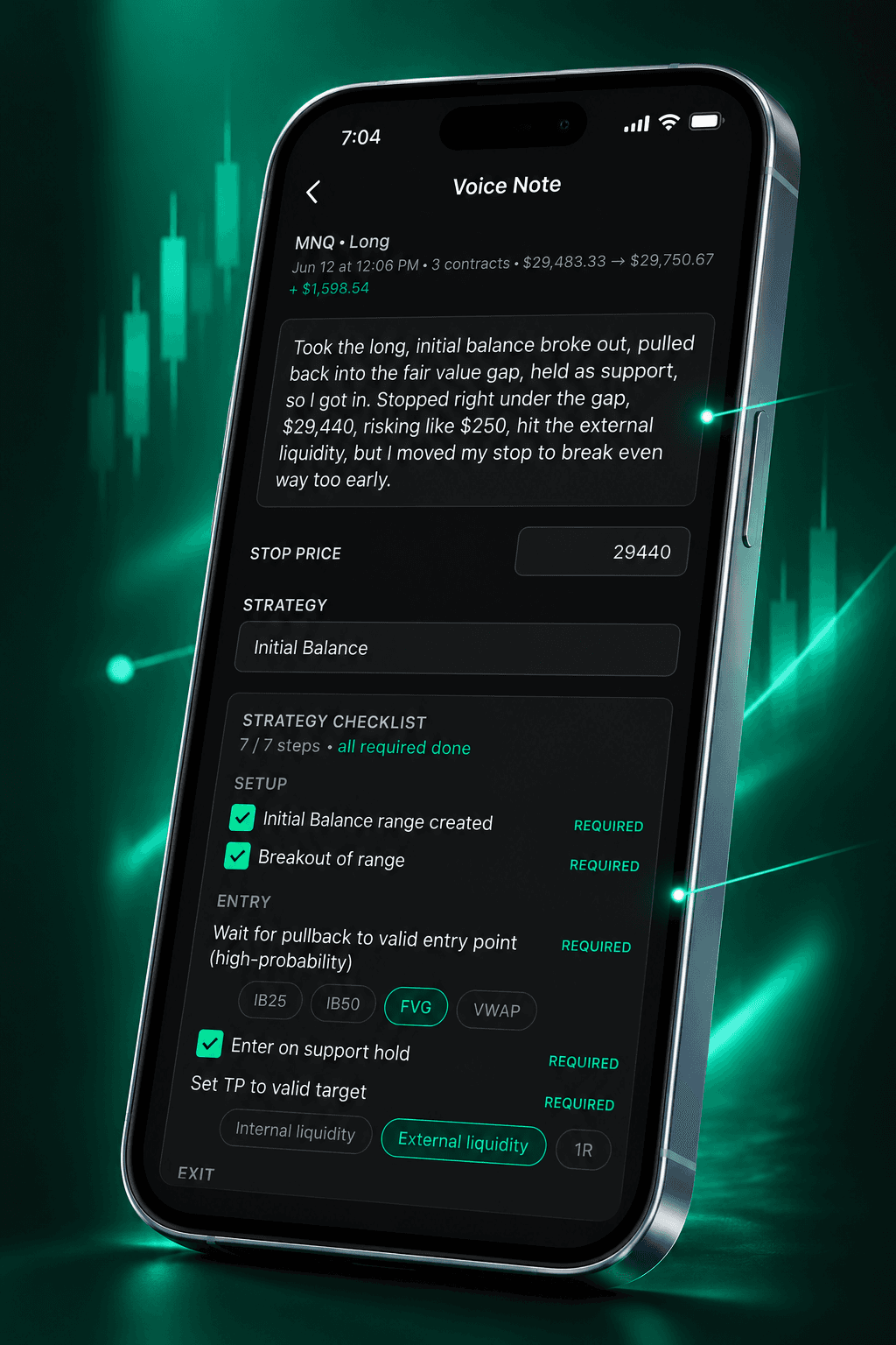 The Tradervana mobile app's voice note screen: a spoken note transcribed, with stop price, strategy and a strategy checklist filled in automatically.